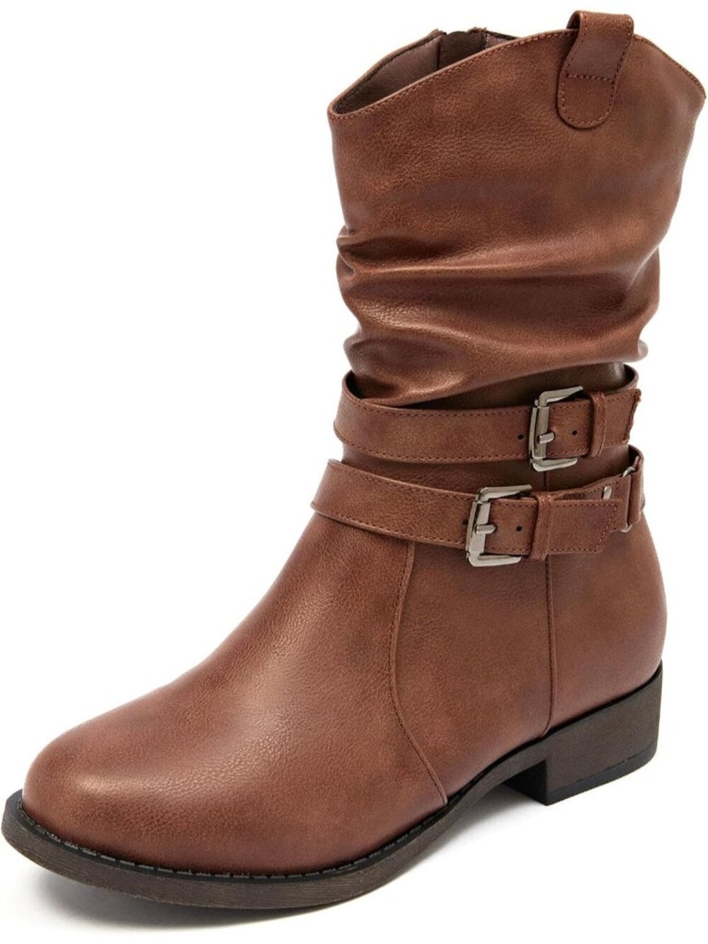 Women's Brown Mid-Calf Boots Round Toe Low Heel Zipper Booties Cowgirl Boots